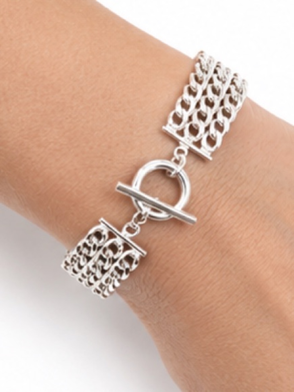 NEW - Sam Edelman Silver Triple Strand Curb Chain Toggle Bracelet 925 Clasp